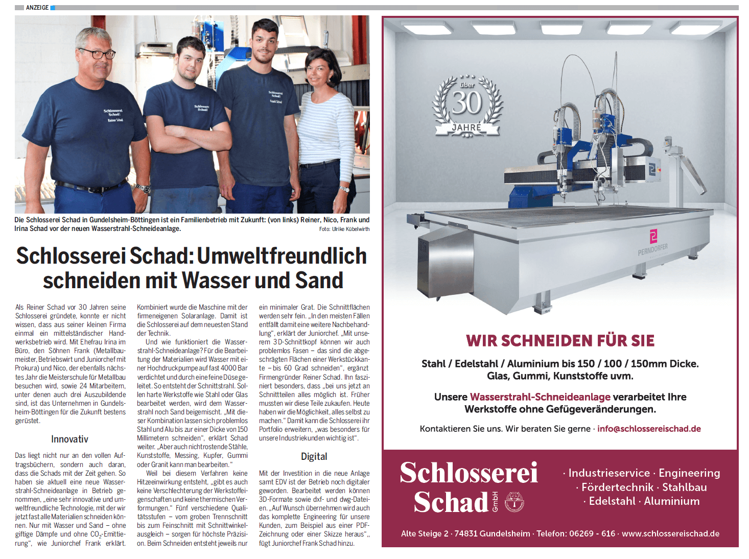 Wasserstrahlschneiden: Wir Schneiden für sie. Zeitungsartikel der Schlosserei Schad in der Heilbronner Stimme