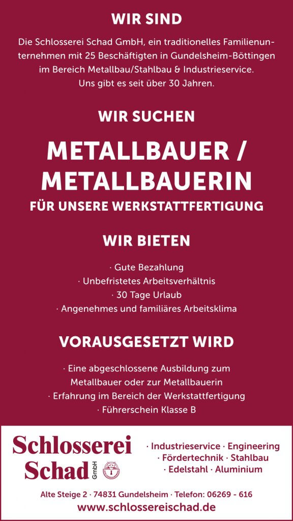 Metallbauer/Metallbauerin gesucht für unsere Werkstattfertigung